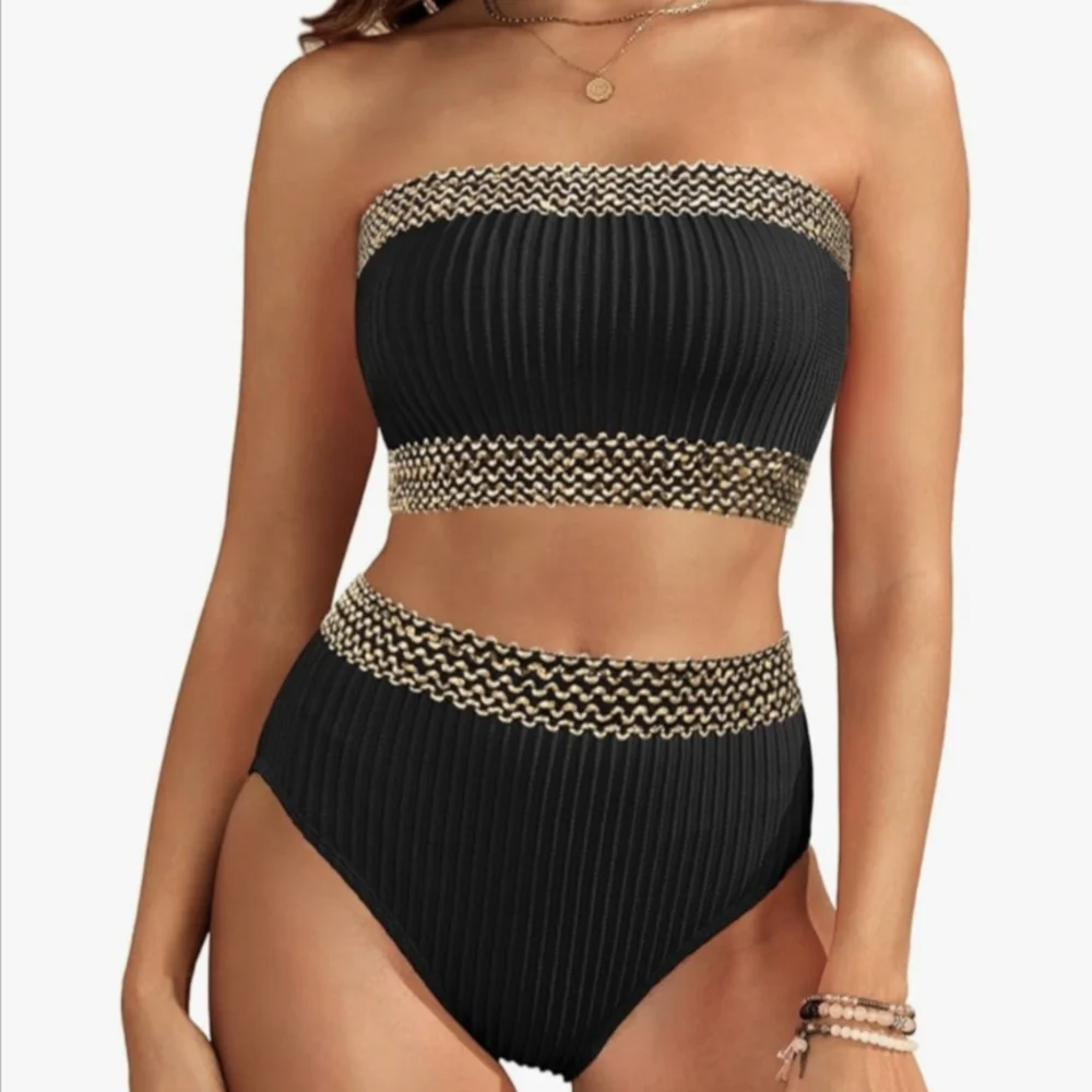 Amazon Black and Gold Ribbed Bikini - Picture 1 of 2